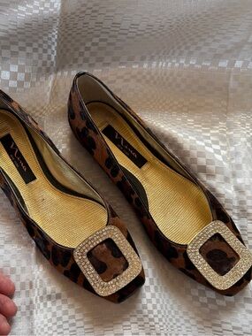 Nina Leopard-Print Animal Hair SquareToe Flats with Crystal/Rhinestone Buckle.